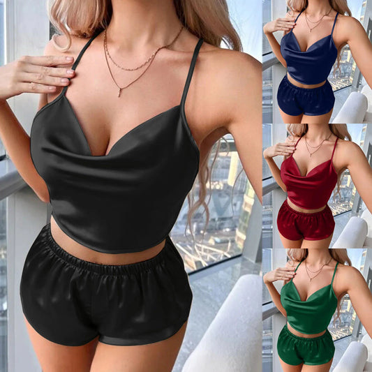 Women's Sexy Silk Satin Nightwear Pajamas Sets Cami Shorts Set Sleepwears Satin Cami Shorts Set Nightwear Pajamas Set Loungewear