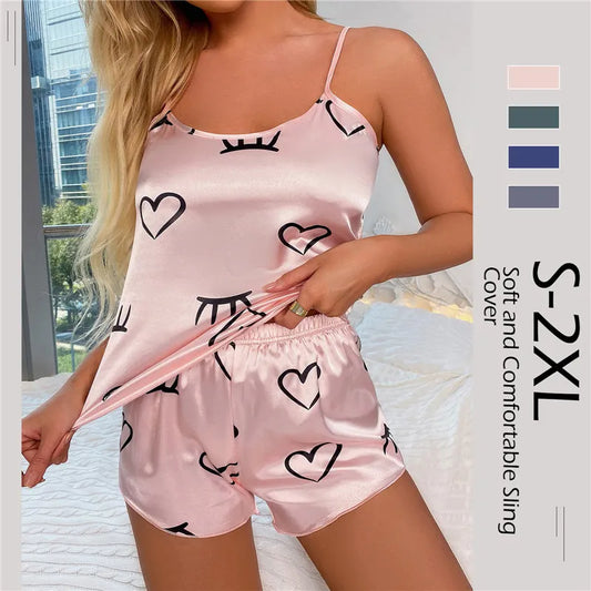 Floral Sleepwear Set for Women: 2-Piece Pajamas Featuring Silk Satin Cami Top and Shorts