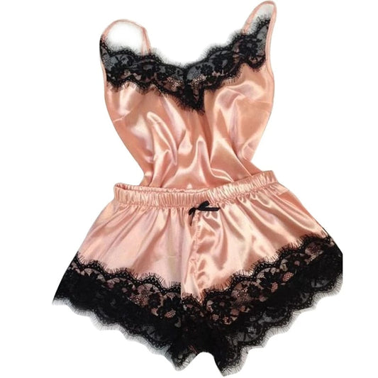 Luxurious Lace Satin Pajama Set: Sleeveless Top with Matching Shorts, a 2-Piece Nightwear Set