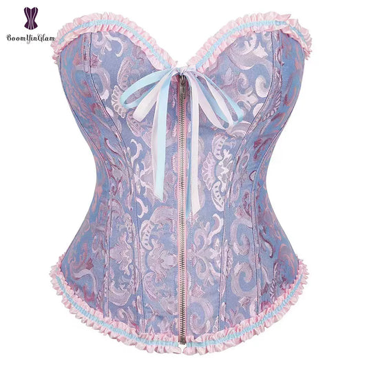 Vintage-Inspired Brocade Corsets and Bustiers: Timeless Elegance in Black, White, Pink, Blue, and Brown for Stylish Women